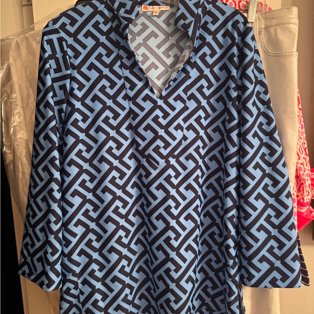 Jude Connally Light Blue and Navy Geometric V-Neck Tunic